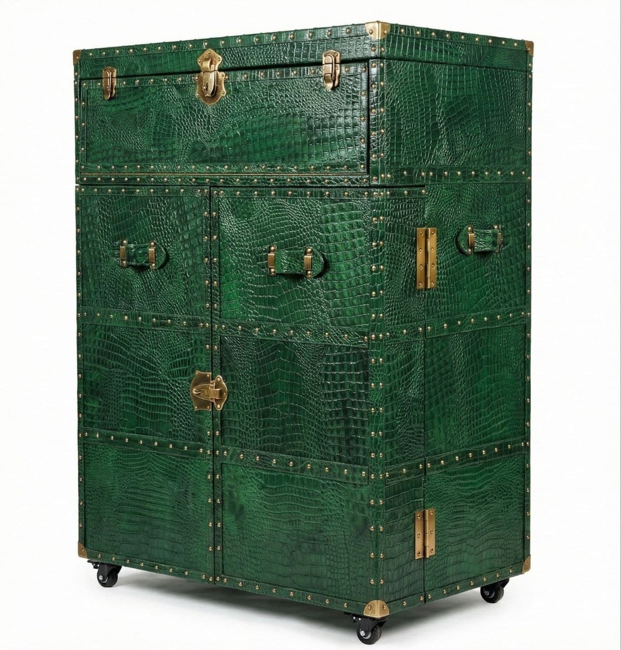 Emerald Crocodile Leather Trunk Bar Armoire