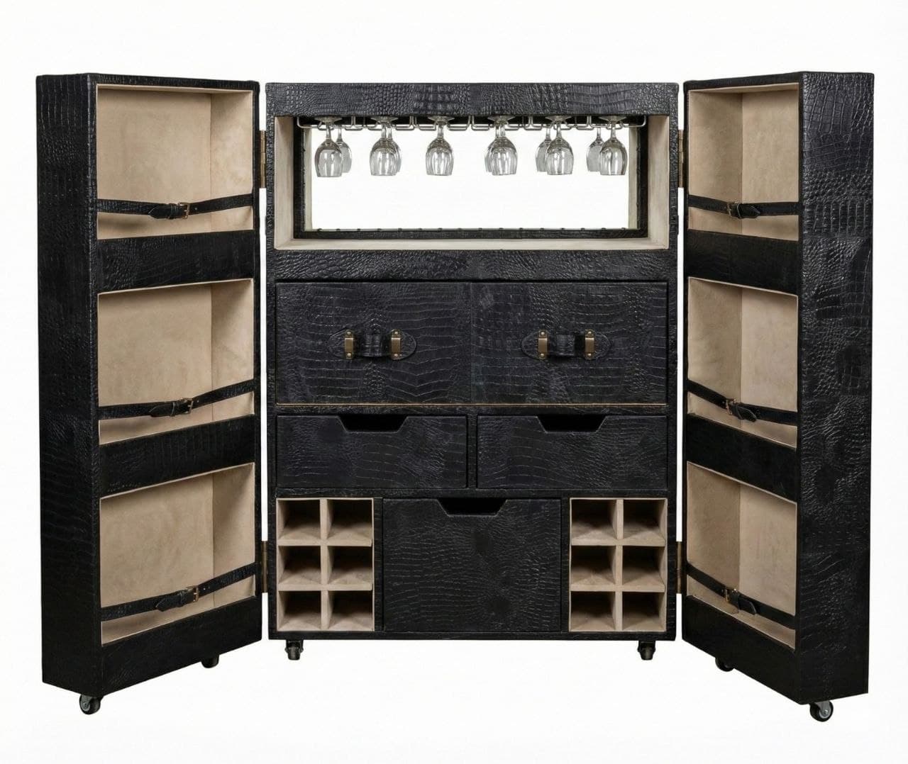 Emerald Crocodile Leather Trunk Bar Armoire